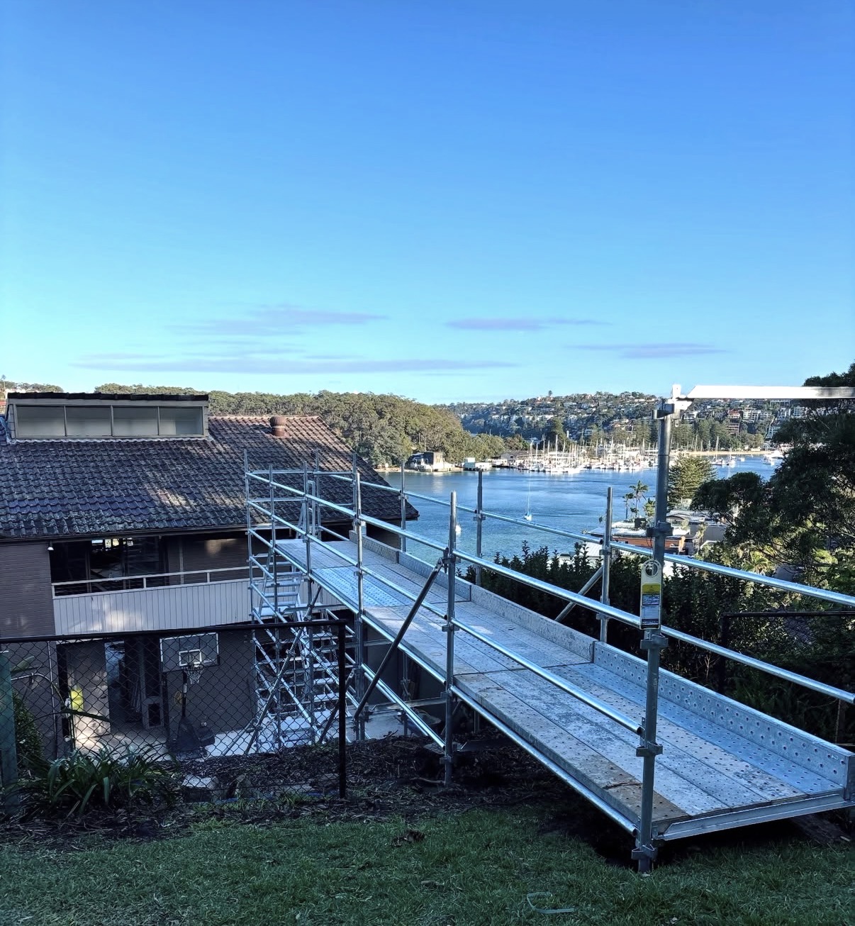 Scaffolding platform waterfront home Clontarf Middle Harbour Sydney